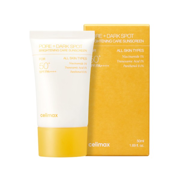 White tube with a yellow cap and label, featuring "Celimax Pore + Dark Spot Brightening Care Sunscreen," highlighting SPF 50 and key ingredients like Niacinamide and Tranexamic Acid.
