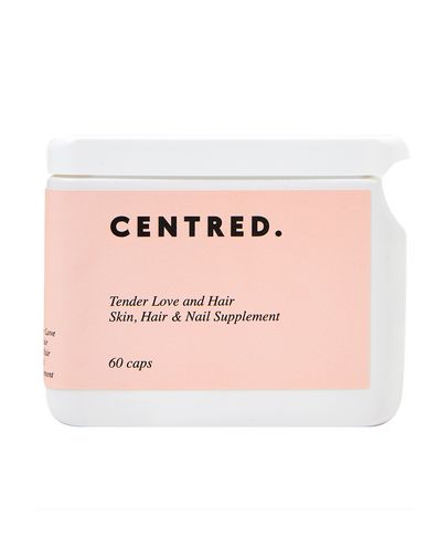 White container with a pink label featuring the text "CENTRED" and "Tender Love and Hair Skin, Hair & Nail Supplement," holding 60 capsules.