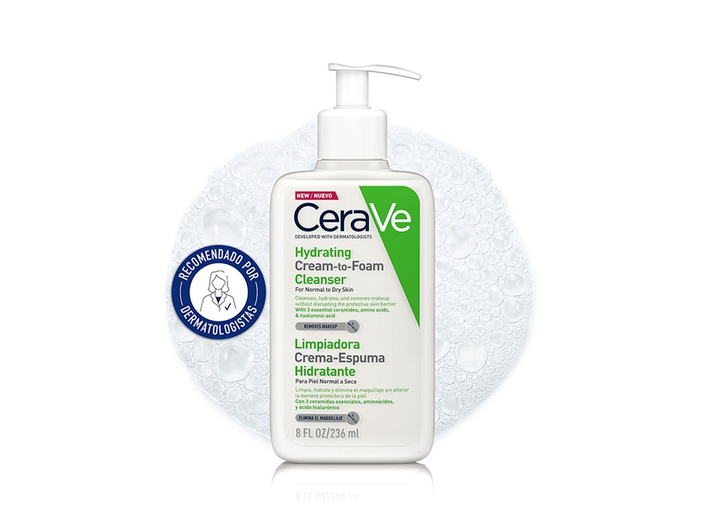 CeraVe Hydrating Cream-to-Foam Cleanser in a white pump bottle, featuring a blue and green label, with bubbles in the background, emphasizing its hydrating and cleansing properties.