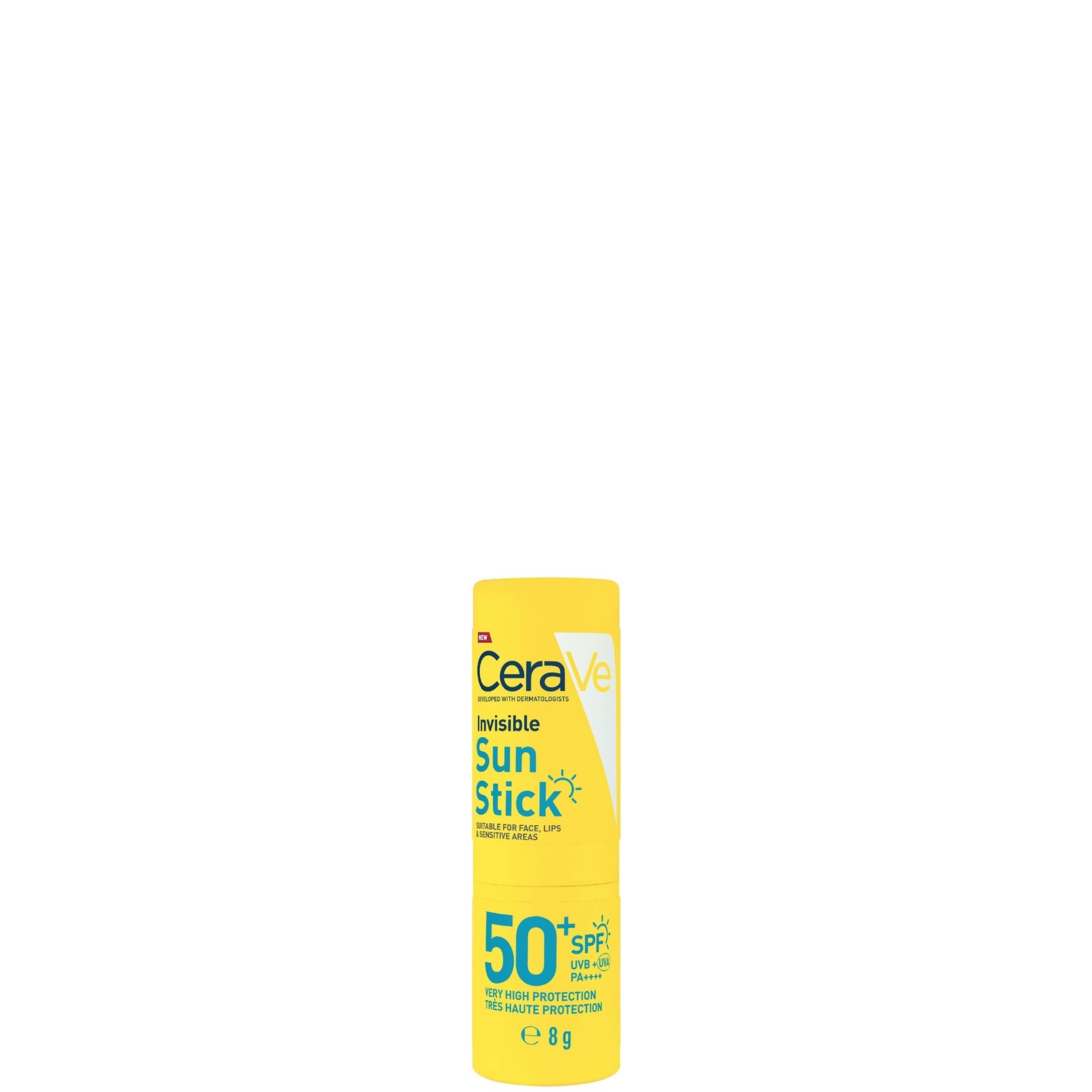 Yellow cylindrical sunscreen stick with "CeraVe Invisible Sun Stick SPF 50" label, featuring sun protection icons and a compact 8g size, designed for all skin types.