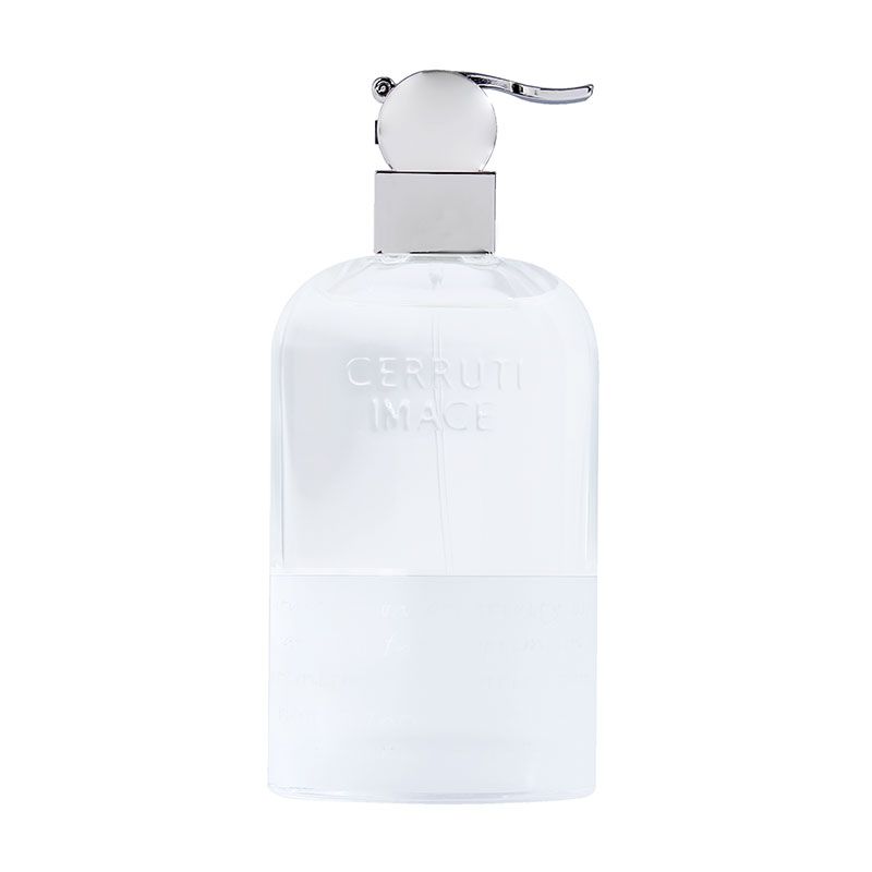 Clear glass bottle of Nino Cerruti Image Eau De Toilette, featuring a silver spray nozzle and embossed logo, with a minimalist design and a 3.4 oz capacity.