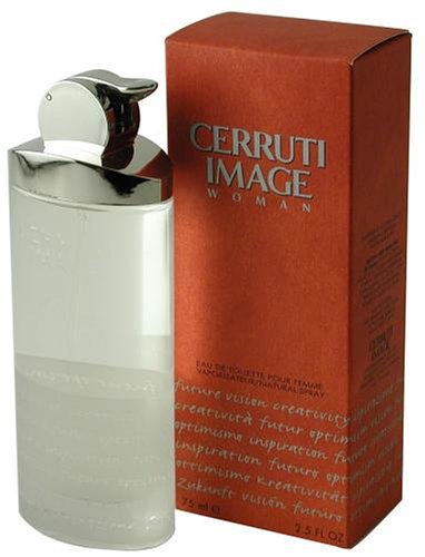 Cerruti Image for Women is a 50ml Eau De Toilette spray in a sleek silver bottle with a reflective cap, accompanied by a vibrant red box featuring elegant text.