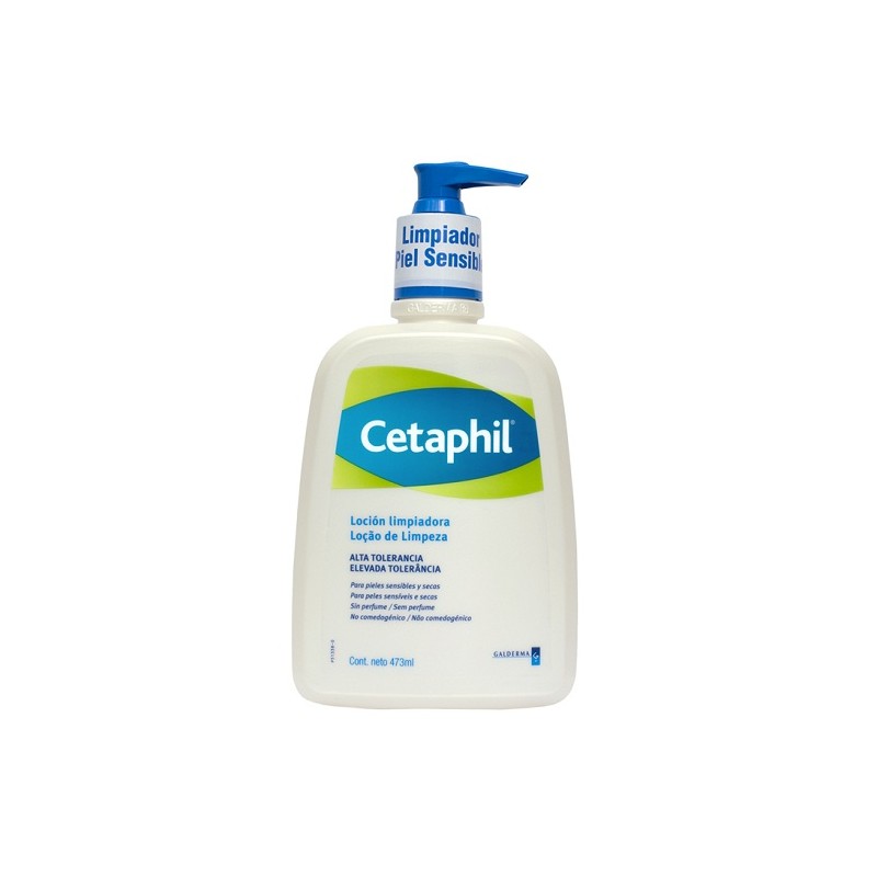Cetaphil Cleansing Lotion in a clear plastic bottle with a blue pump, featuring a white label with green and blue accents, contains 473ml of gentle cleansing formula.