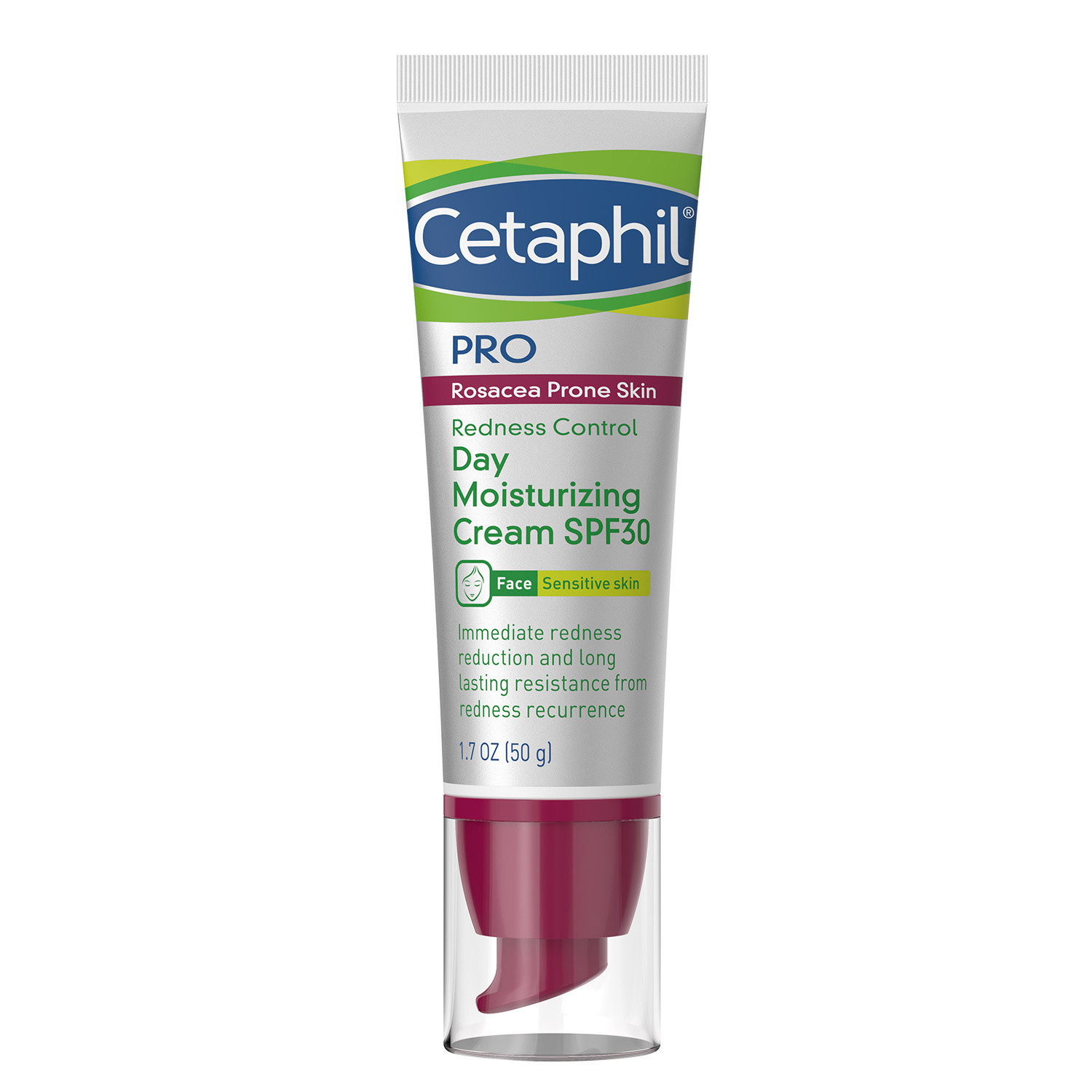 Cetaphil PRO Tinted Moisturising Day Cream SPF30 in a 50ml tube features a white and green design with a maroon cap, labeled for sensitive skin and redness control.