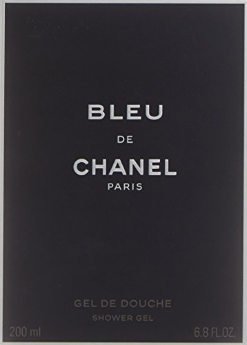 Chanel Bleu De Chanel Shower Gel for Men, 200 ml, features a sleek black packaging with bold white text, highlighting "BLEU" and "CHANEL," exuding elegance and sophistication.