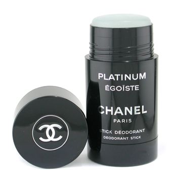 Black cylindrical deodorant stick with a silver cap, featuring the Chanel logo on the lid and "Platinum Égoïste" label, 75ml/2oz size.