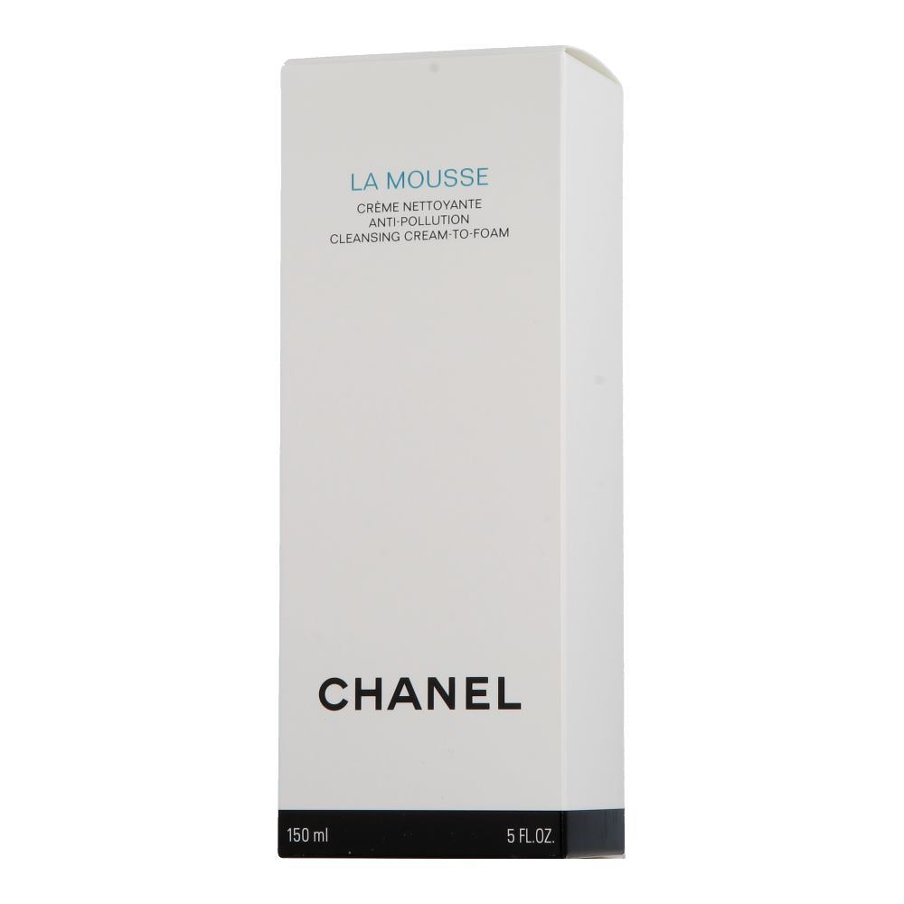 White rectangular box with soft blue text reading "LA MOUSSE" and "Anti-Pollution Cleansing Cream-to-Foam," featuring the CHANEL logo and a 150 ml capacity.