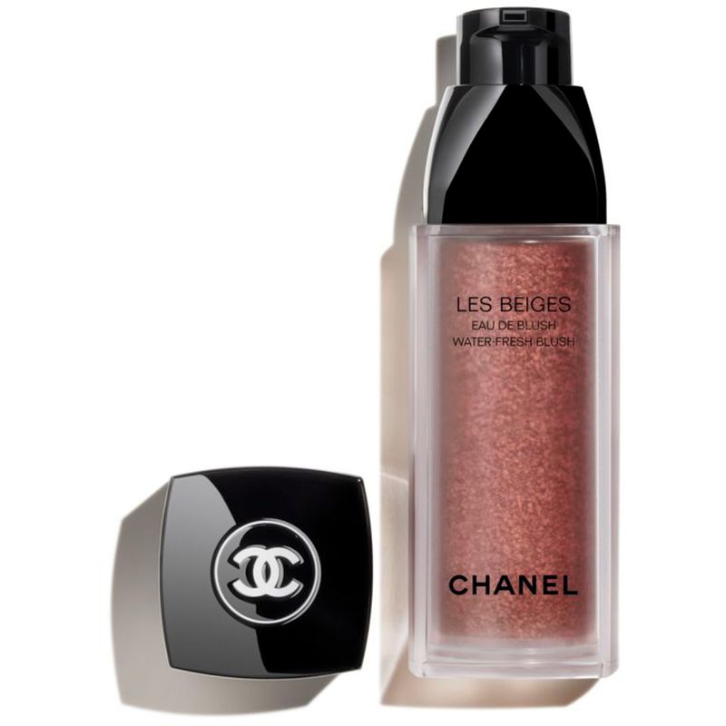 CHANEL LES BEIGES Water-Fresh Blush in a sleek transparent bottle with a black cap, featuring a pink blush inside and a black compact with the iconic CHANEL logo.