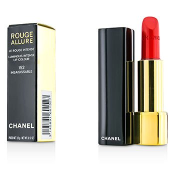 Chanel Rouge Allure Luminous Intense Lip Colour in shade 152, featuring a sleek black and gold tube with a vibrant red lipstick bullet, packaged in a gold box.