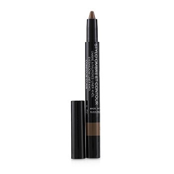 Brown kohl pencil with a sleek black casing, featuring the "CHANEL STYLO OMBRE ET CONTOUR" label, designed for eyeshadow, liner, and contouring.