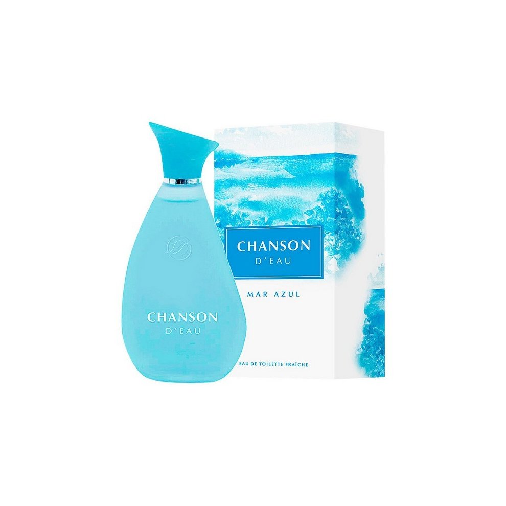 Light blue glass bottle with a curved shape and a turquoise cap, alongside a white box featuring blue watercolor accents and the label "CHANSON D'EAU MAR AZUL."