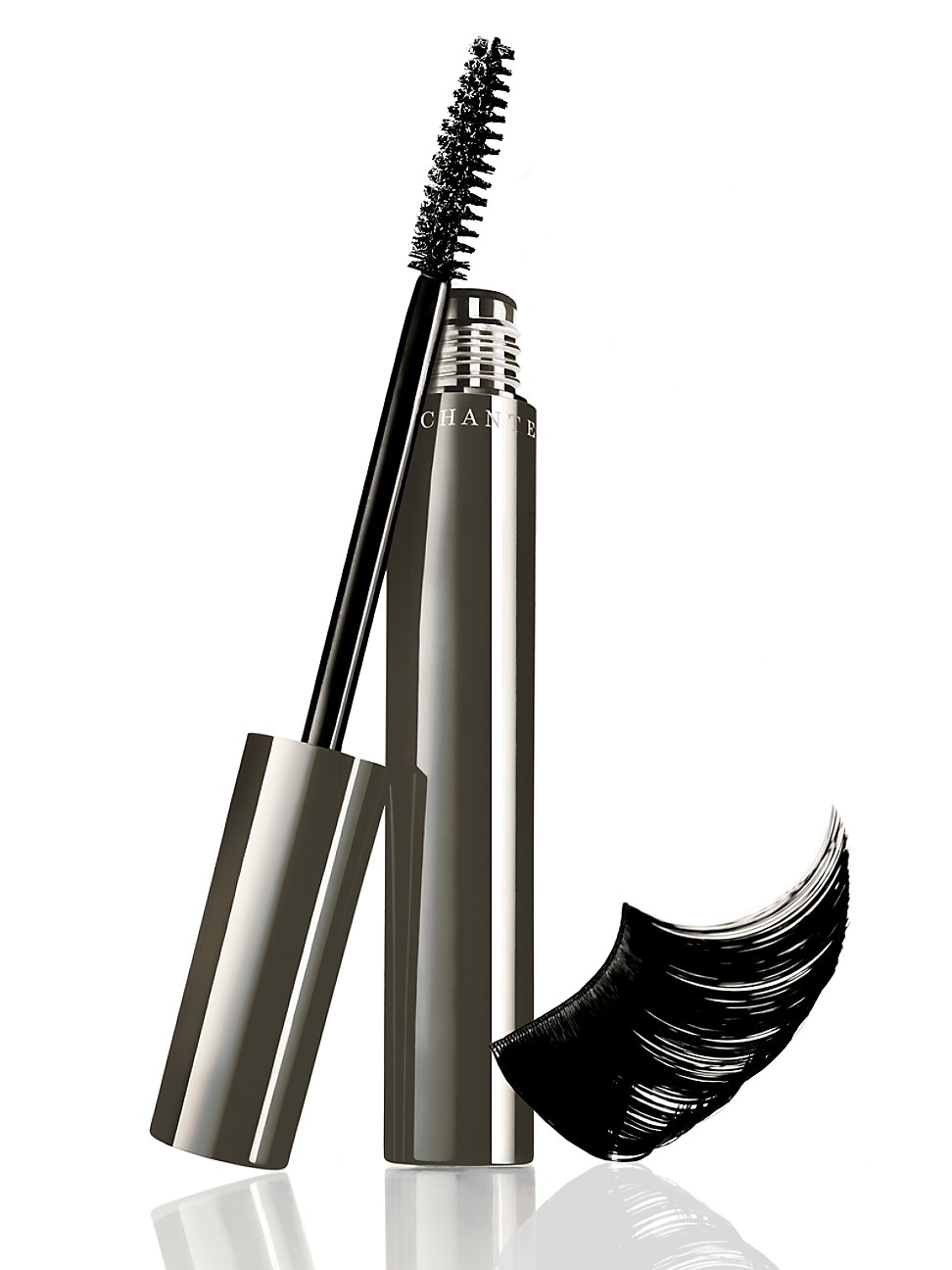 Chantecaille Faux Cils Mascara features a sleek silver tube with a black wand and a bristle brush, designed to enhance and define lashes with a rich black formula.