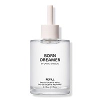 Clear glass bottle with a white label reading "BORN DREAMER by Charli D'Amelio," featuring a light pink cap and a refillable design for Eau De Toilette Spray, 75ml.