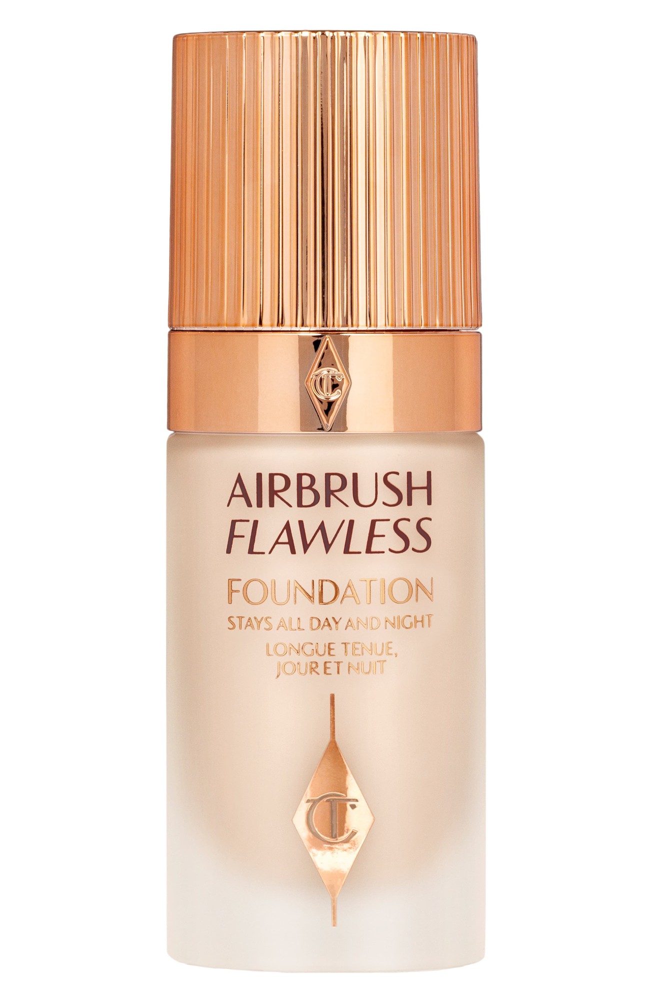 Charlotte Tilbury Airbrush Flawless Foundation in shade 2 Cool, featuring a sleek glass bottle with a rose gold cap and embossed logo, designed for long-lasting wear.