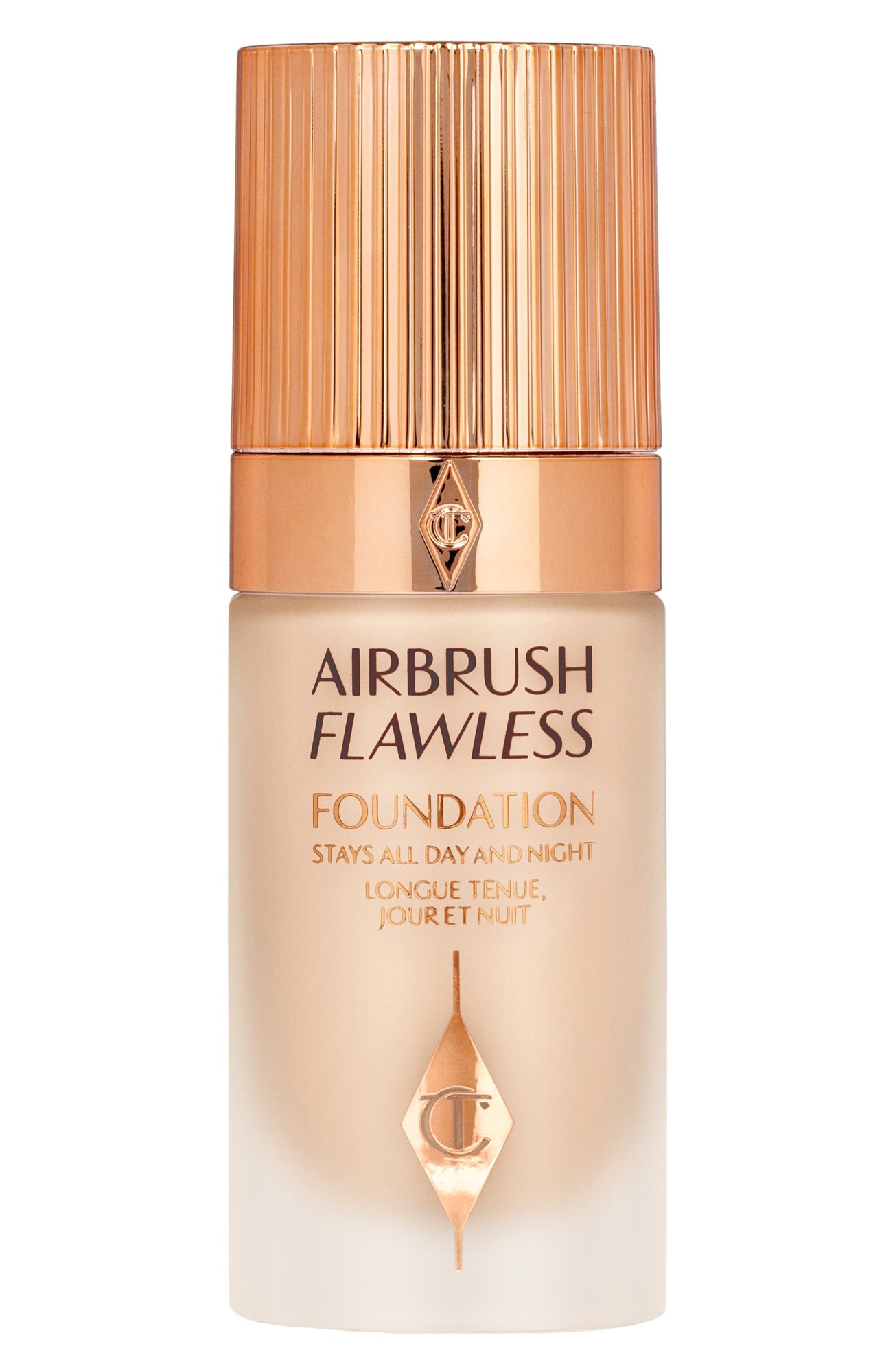 Charlotte Tilbury Airbrush Flawless Foundation in shade 3 Cool, featuring a sleek glass bottle with a gold and rose gold cap, and elegant branding on the front.