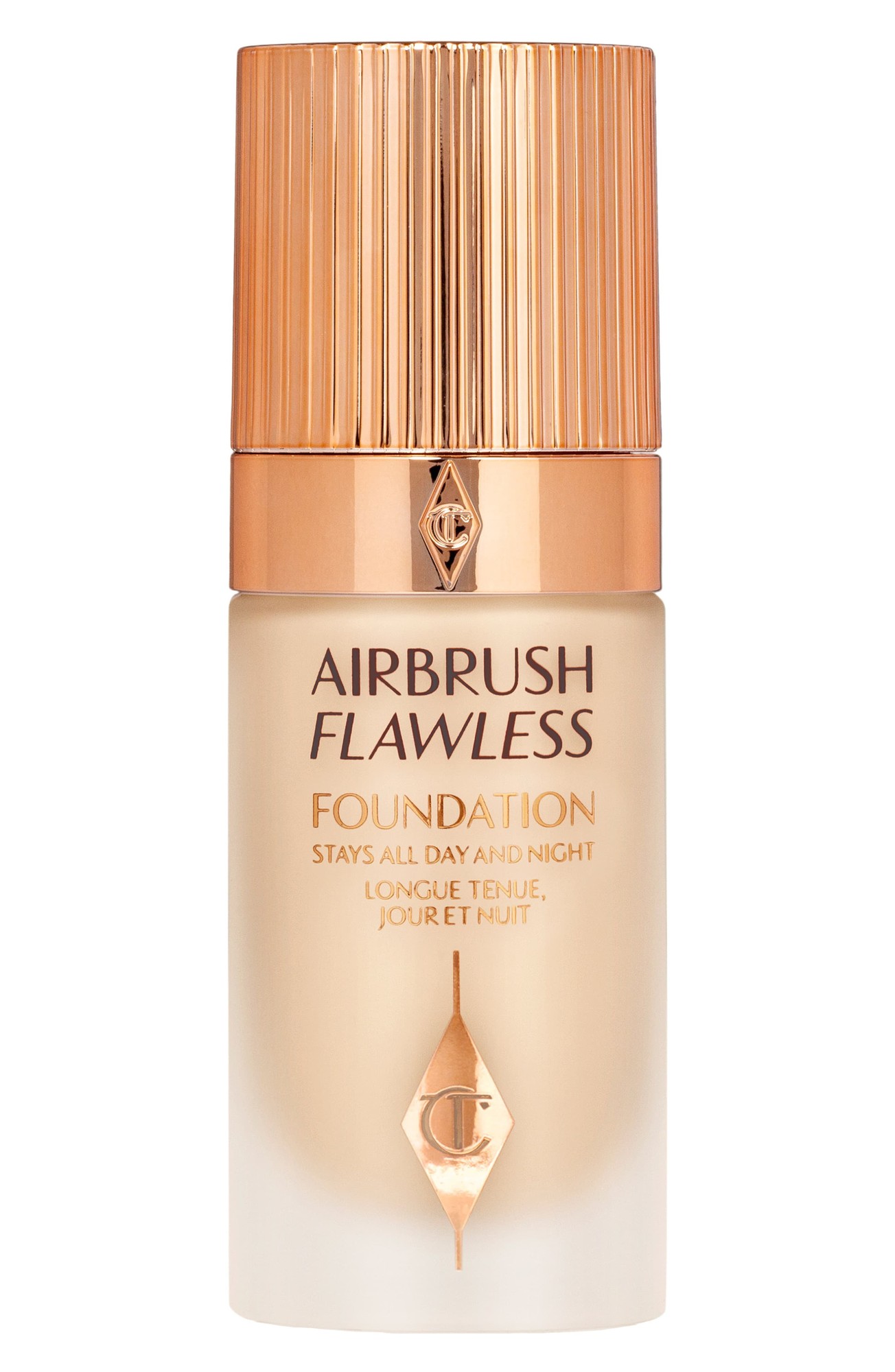 Charlotte Tilbury Airbrush Flawless Foundation in shade 3 Warm, featuring a sleek glass bottle with a gold cap and embossed branding, designed for a long-lasting finish.