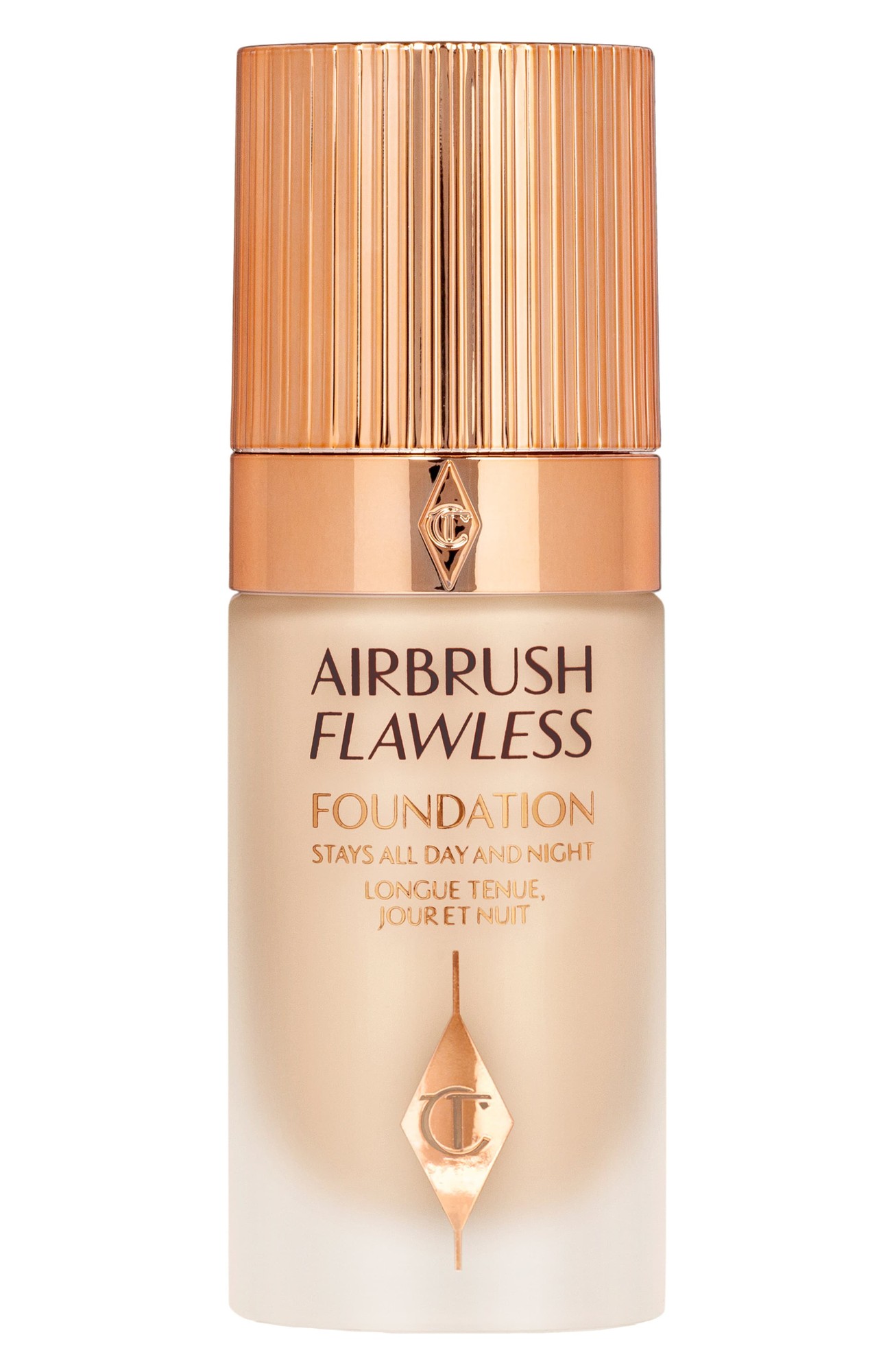 Charlotte Tilbury Airbrush Flawless Foundation in shade 4 Neutral, featuring a sleek glass bottle with a gold and rose gold cap, labeled with elegant typography.