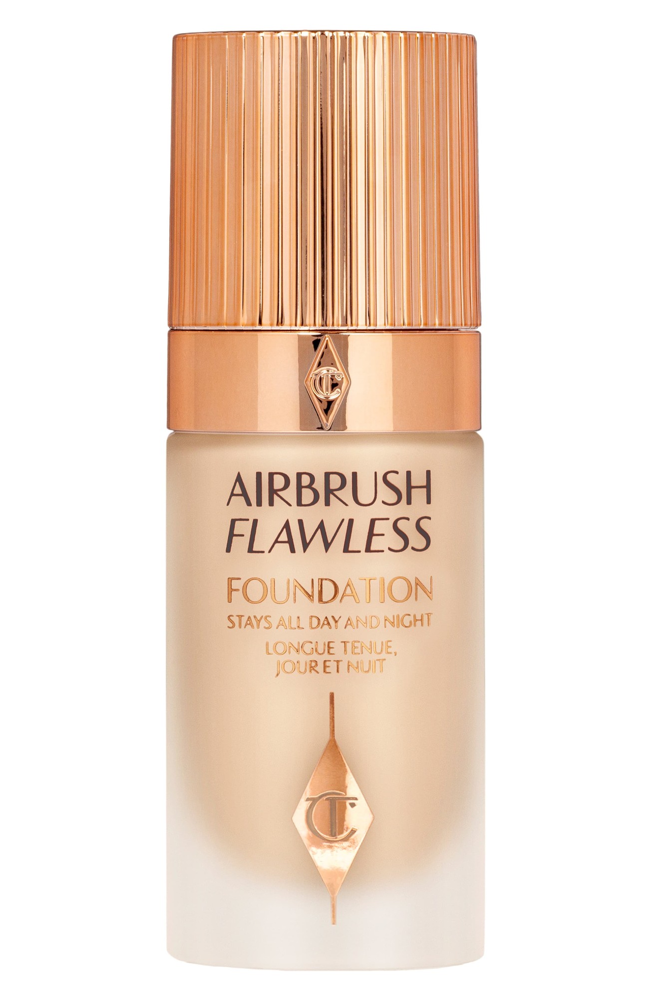 Charlotte Tilbury Airbrush Flawless Foundation in shade 4 Warm, featuring a sleek glass bottle with a gold cap and elegant branding, designed for long-lasting wear.