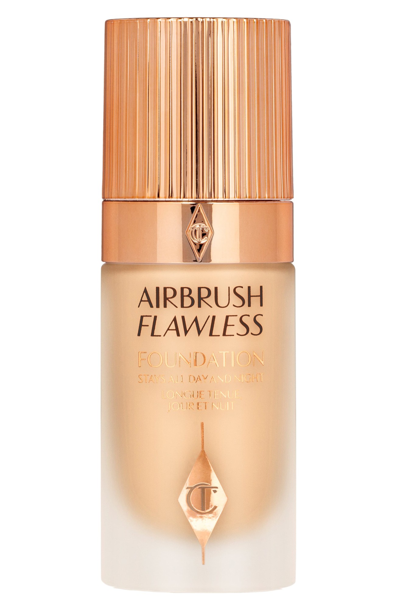Charlotte Tilbury Airbrush Flawless Foundation in shade 5.5 Warm, featuring a sleek glass bottle with a gold cap and elegant branding in gold lettering.