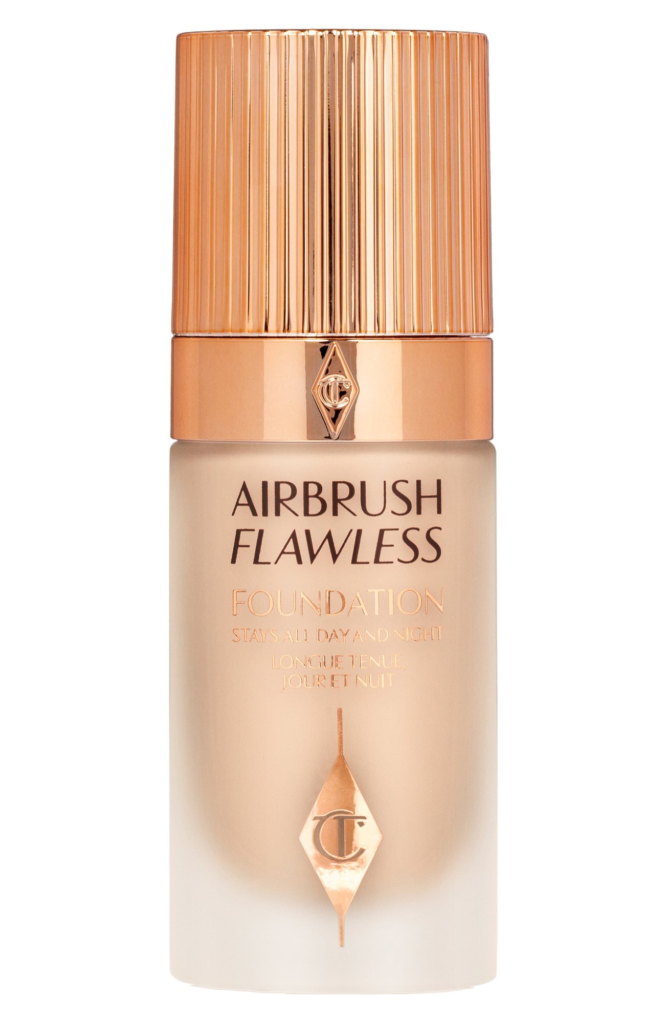 Charlotte Tilbury Airbrush Flawless Foundation in shade 5 Cool, featuring a sleek glass bottle with a gold cap and embossed logo, designed for a flawless finish.