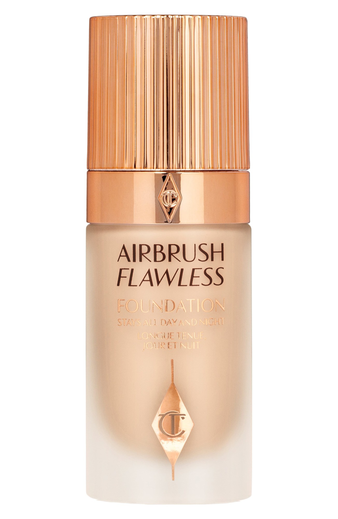 Charlotte Tilbury's Hollywood Flawless Filter & Airbrush Flawless Foundation Duo features elegant glass bottles with gold accents, showcasing a creamy foundation and a radiant filter product.