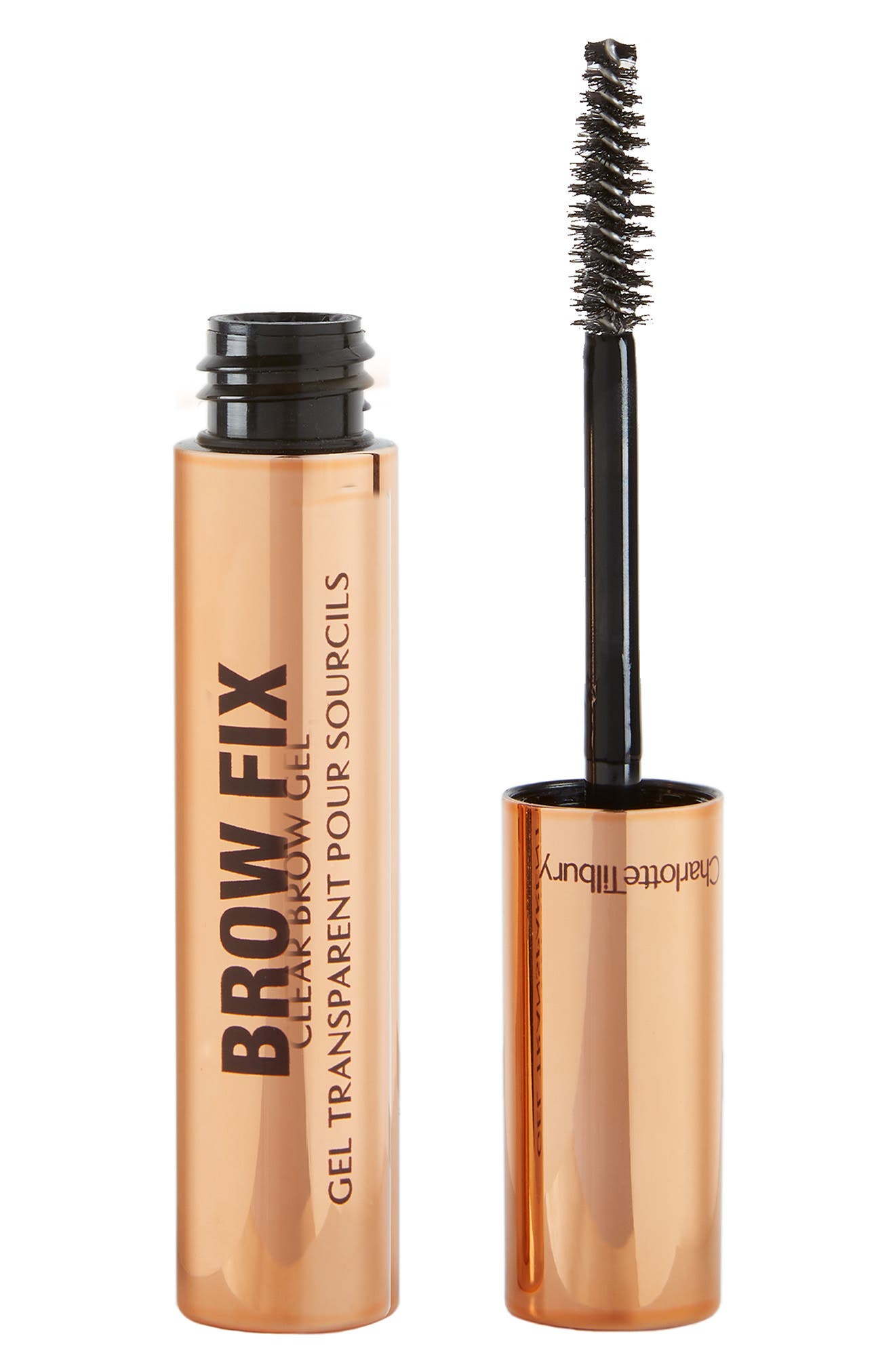 Clear brow gel in a sleek, rose gold tube with black text; features a mascara-like wand for precise application and contains Vitamin B5 for long-lasting hold.