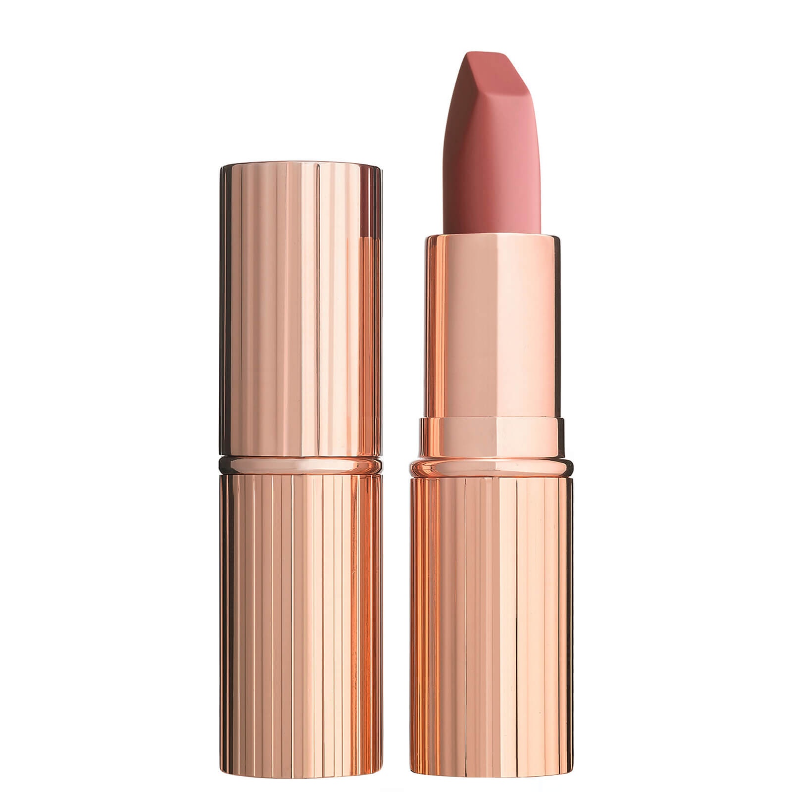 Charlotte Tilbury Matte Revolution Hydrating Lipstick in Pillow Talk, featuring a sleek, ribbed rose gold tube and a soft pink bullet, 0.12 oz size.