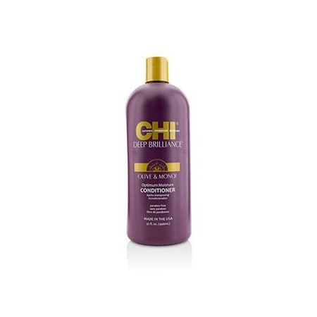 Purple plastic bottle with a gold cap, labeled "CHI DEEP BRILLIANCE OLIVE & MONOI OPTIMUM MOISTURE CONDITIONER," 32 oz, suitable for unisex use.