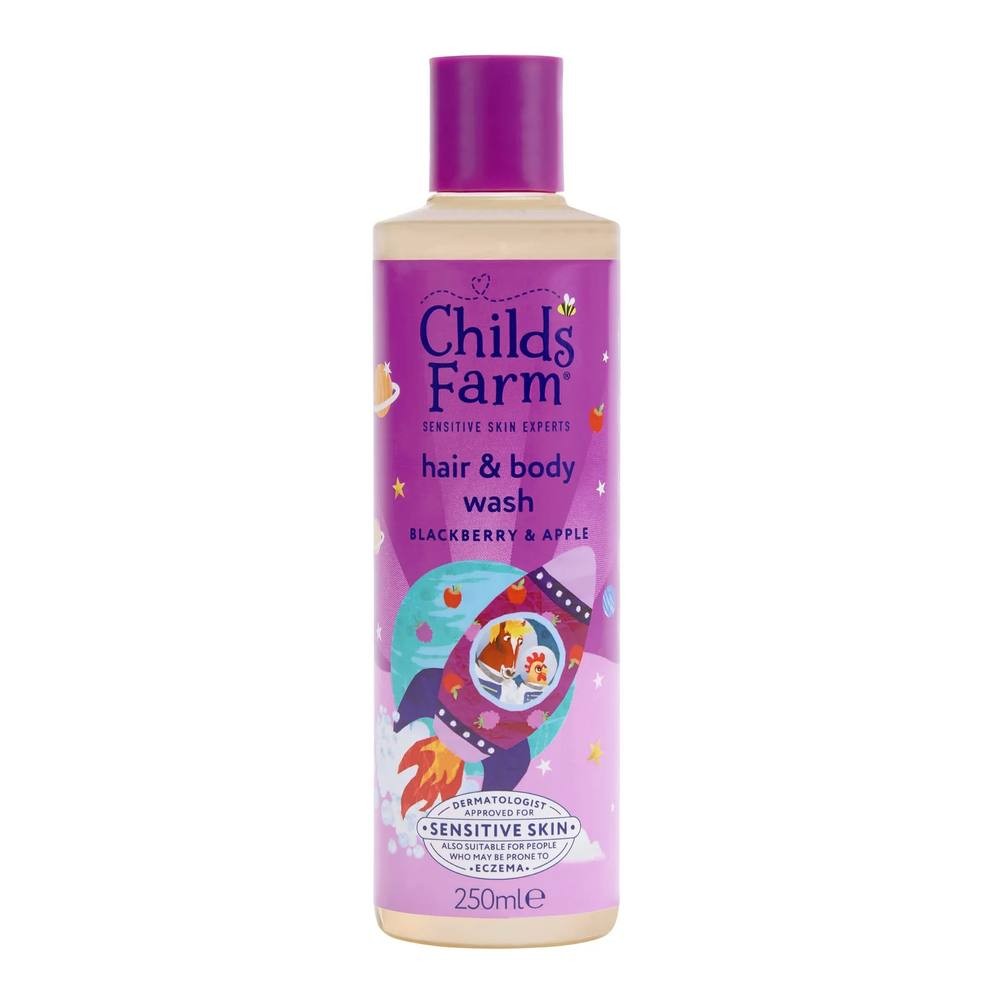 Clear bottle of Child's Farm Hair & Body Wash in Blackberry & Apple scent, featuring a purple label with playful graphics, 250ml size, designed for sensitive skin.
