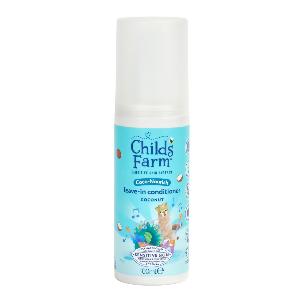 Child's Farm Coco Nourish Leave-in Conditioner in a 100ml white bottle with a blue label featuring coconut illustrations and a child-friendly design.