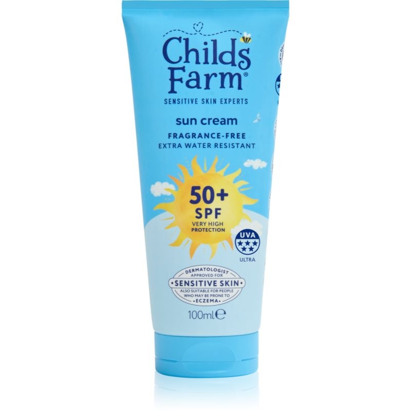 Light blue tube of Child's Farm Suncare Tanning Cream SPF 50+, featuring a sun graphic, labeled as fragrance-free, 100ml, and designed for sensitive skin.