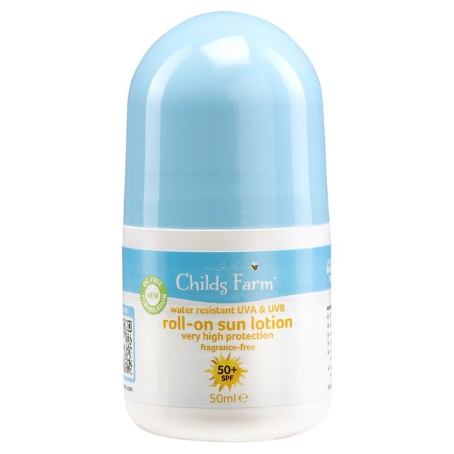 Light blue roll-on bottle of Child's Farm Kids and Baby Sun Lotion, SPF 50+, 50ml, featuring water-resistant, UVA/UVB protection, suitable for sensitive skin.