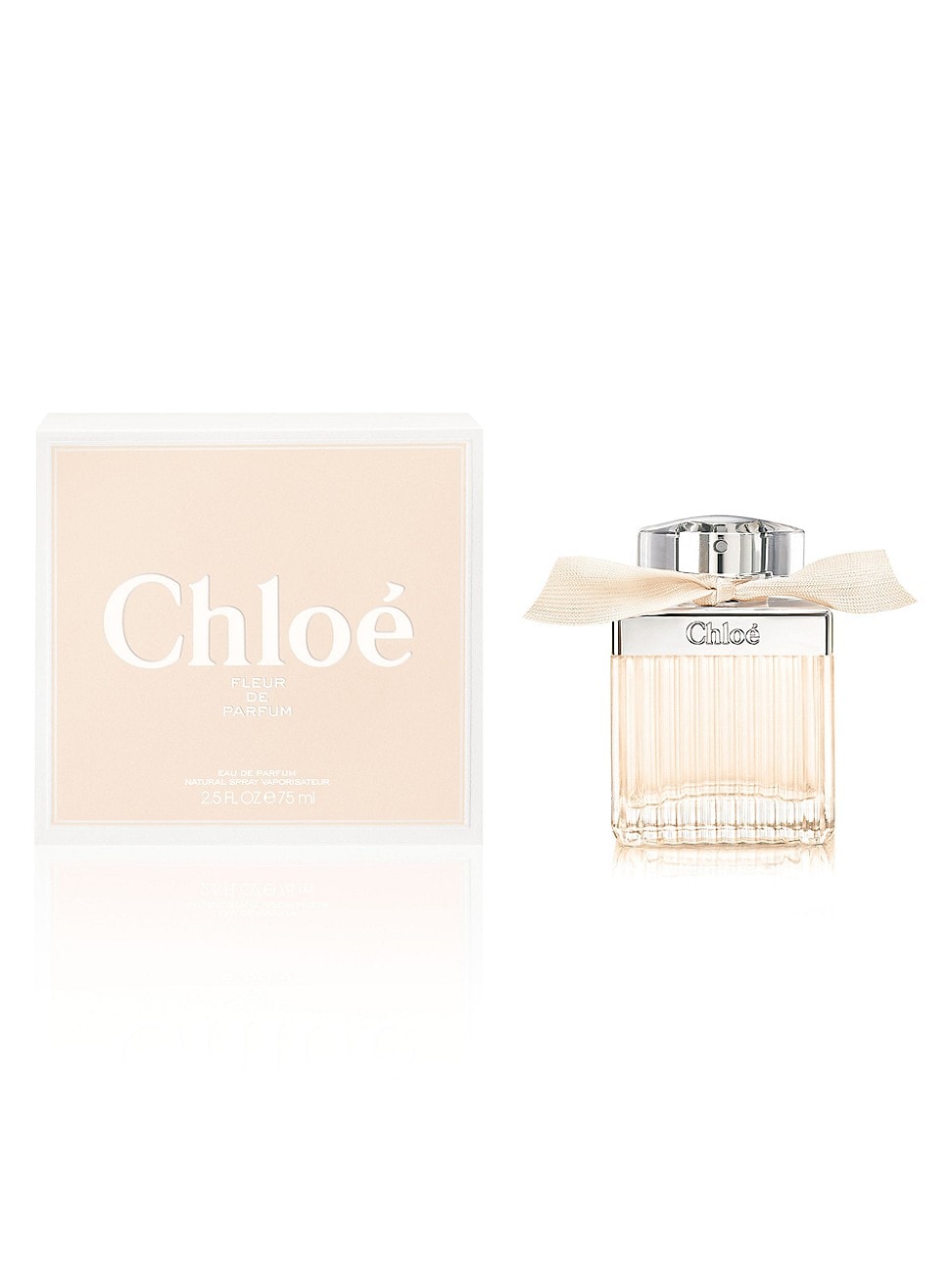 Chloé Fleur De Parfum EDP 50ml features a clear glass bottle with vertical ridges, a silver cap, and a delicate ribbon, alongside a soft pink box with bold white lettering.