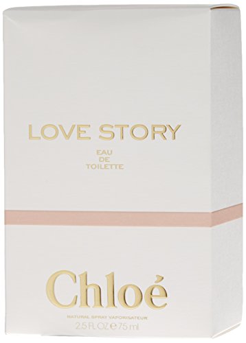 Elegant white box with gold and pink accents, featuring "Chloé Love Story Eau De Toilette" text, 2.5 oz size, showcasing a sophisticated and romantic design.