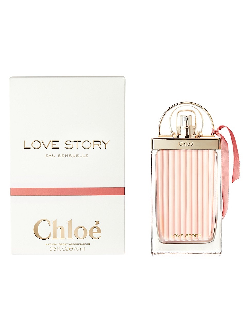 Chloé Love Story Sensuelle EDP 50ml features a clear glass bottle with vertical pink stripes, a gold cap, and a pink ribbon, accompanied by a white box with gold lettering.
