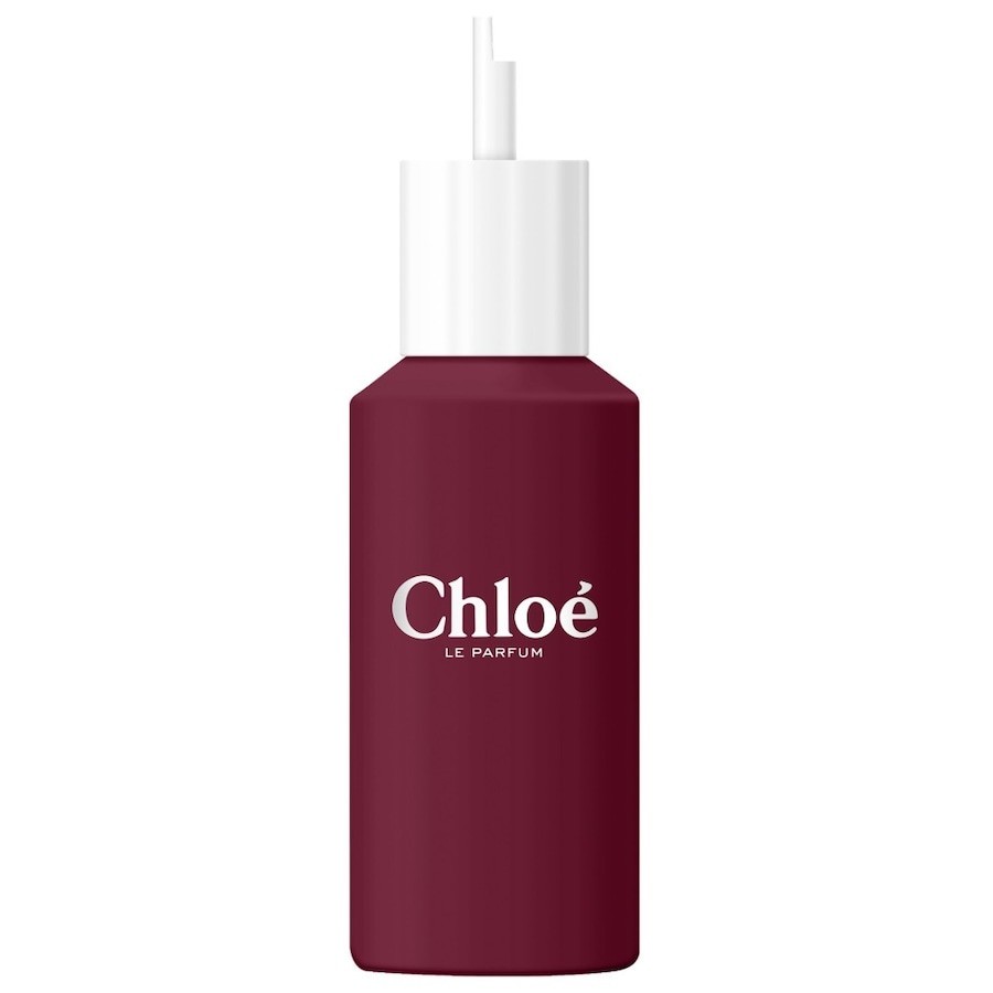 Chloé Le Parfum refill bottle in deep burgundy glass with a white pump top, featuring the brand name in elegant white font on the front.