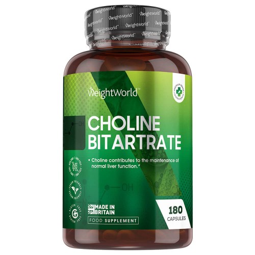Brown bottle with a green label featuring "WeightWorld Choline Bitartrate" in bold white text, highlighting 714mg per capsule and 180 capsules, emphasizing liver support and vegan formulation.