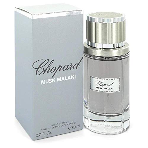 Chopard Musk Malaki unisex eau de parfum in a clear glass bottle with a silver cap, presented in a sleek silver box, featuring elegant branding on the label.