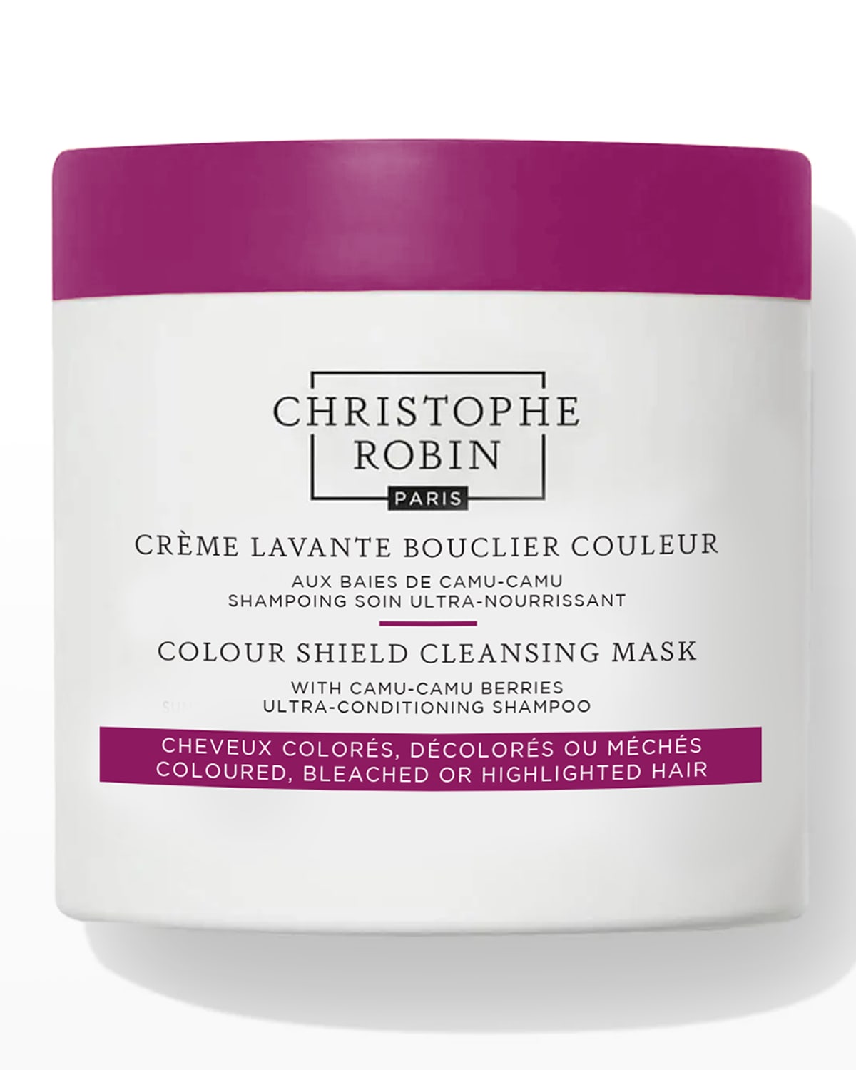 White jar with a purple lid, labeled "Christophe Robin Colour Shield Cleansing Mask 250ml," featuring text in both French and English, designed for colored, bleached, or highlighted hair.