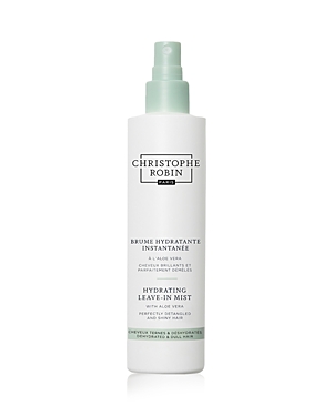 White spray bottle with a mint green cap, labeled "Christophe Robin Hydrating Leave-in Mist with Aloe Vera 150ml," featuring a minimalist design and black text.