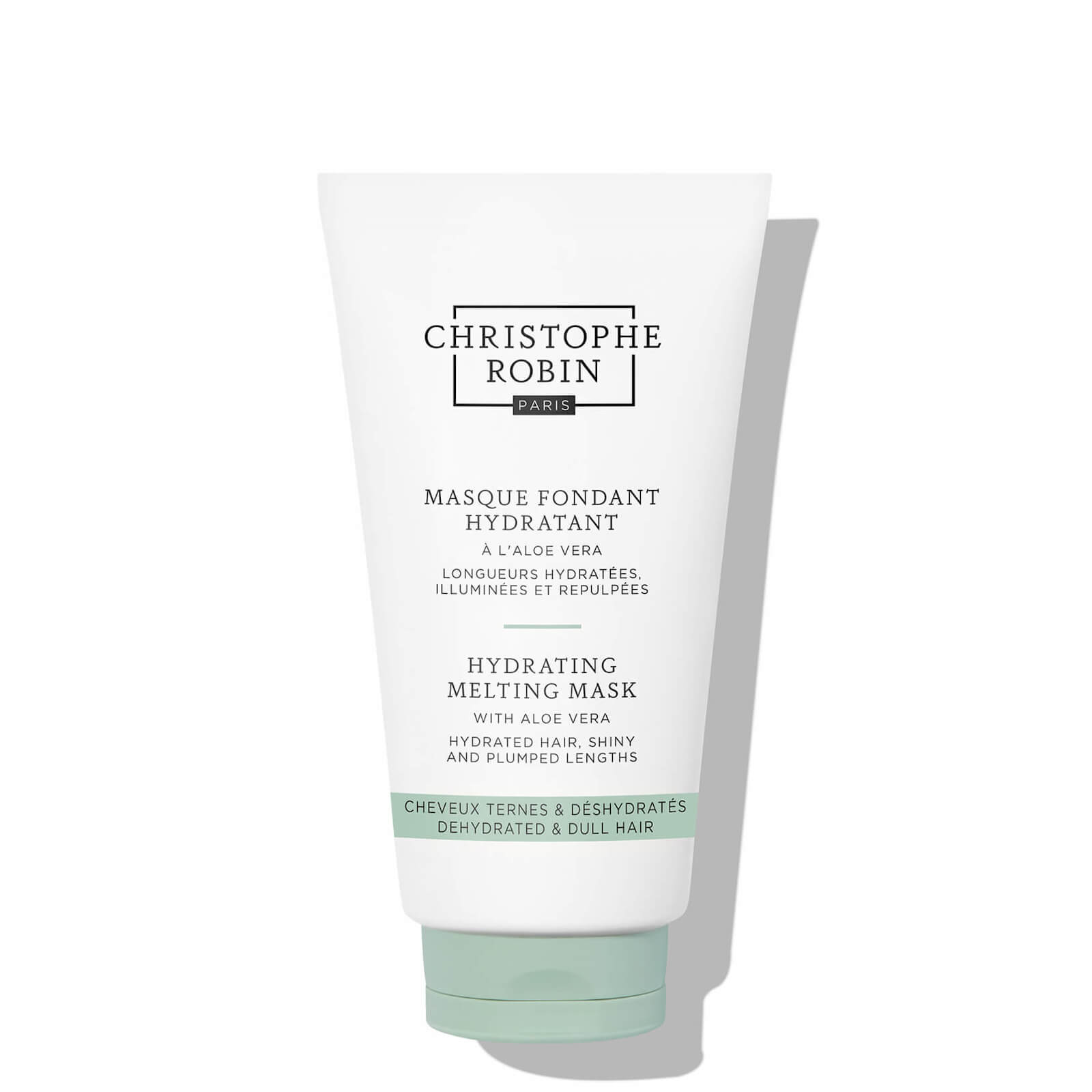 White tube with a green bottom, featuring the text "Christophe Robin Hydrating Melting Mask with Aloe Vera" in elegant black font, 75ml size, designed for hydrating and revitalizing hair.