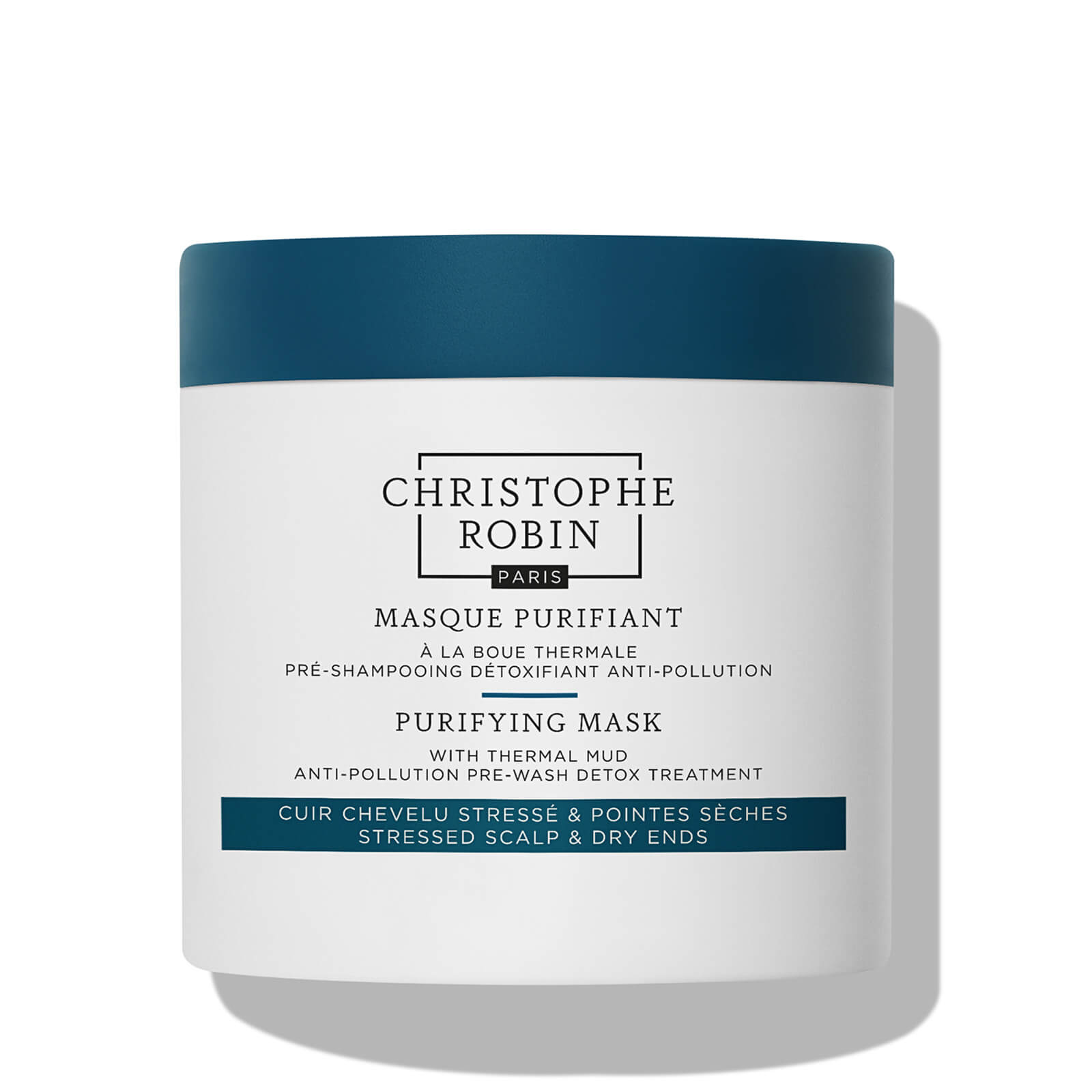 Christophe Robin Purifying Mask with Thermal Mud, a 250ml jar featuring a teal lid and white container, labeled with product details in black and blue text.