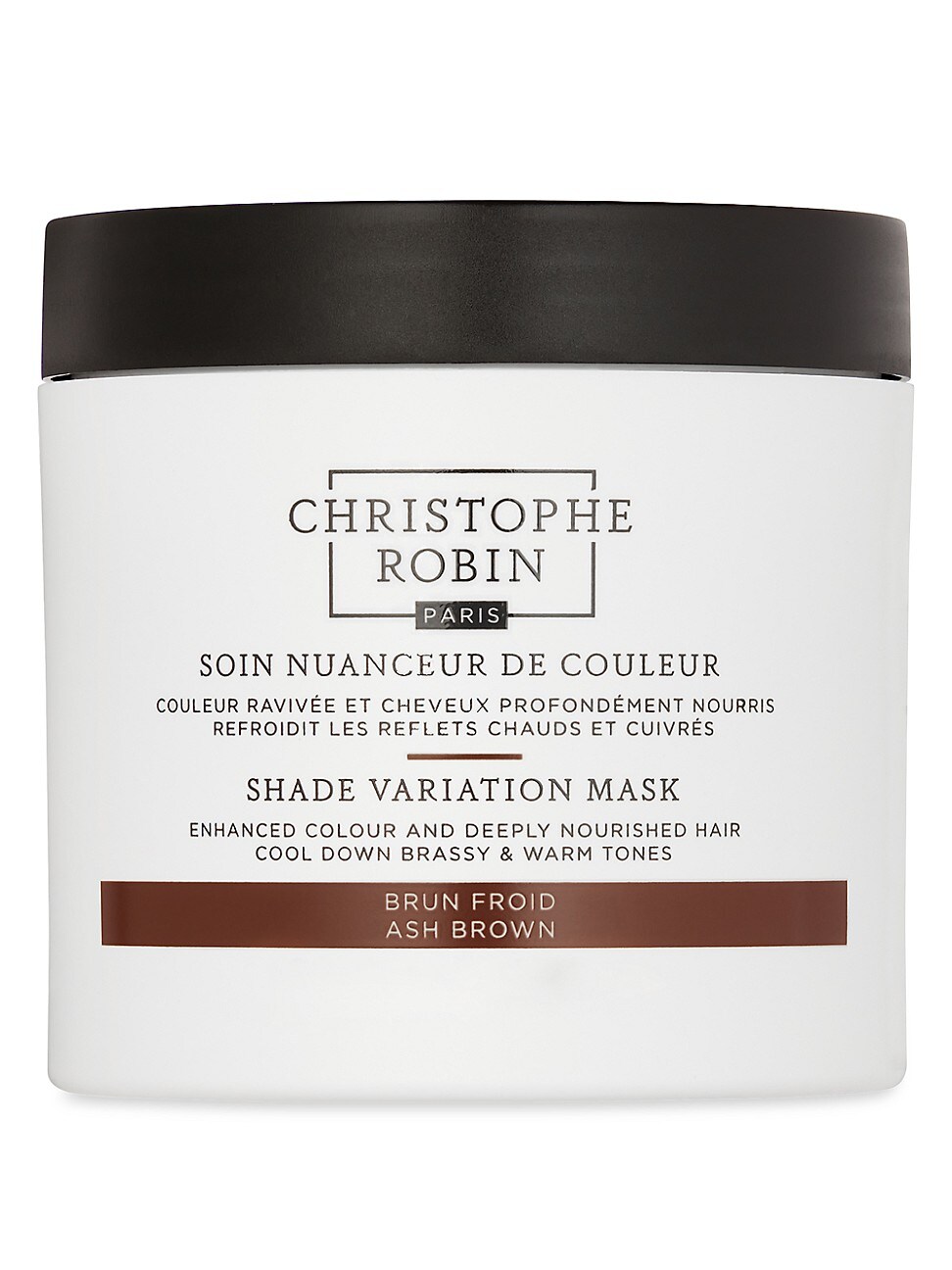 White jar with a black lid labeled "Christophe Robin Shade Variation Care - Ash Brown 250ml," featuring details about enhanced color and nourishment for hair.