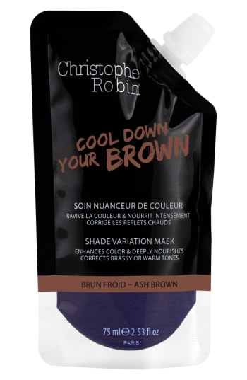 75ml pouch of Christophe Robin Shade Variation Mask in Ash Brown, featuring a sleek design with a flip-top cap, emphasizing color enhancement and nourishment for brown hair.