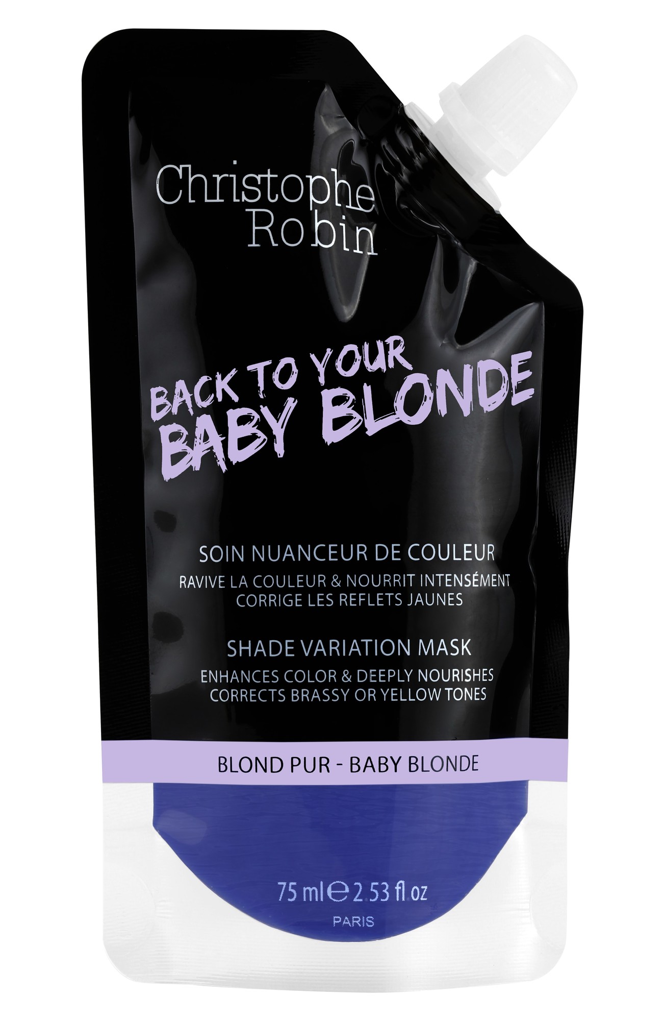 Squeezable pouch of Christophe Robin Shade Variation Mask for Baby Blond, featuring a purple and black design with text highlighting color enhancement and nourishment for blonde hair.