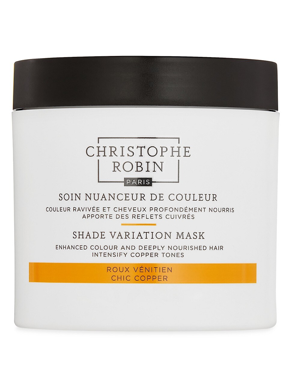 White jar with a black lid, labeled "Christophe Robin Shade Variation Mask - Chic Copper," featuring orange accents and text in both English and French.
