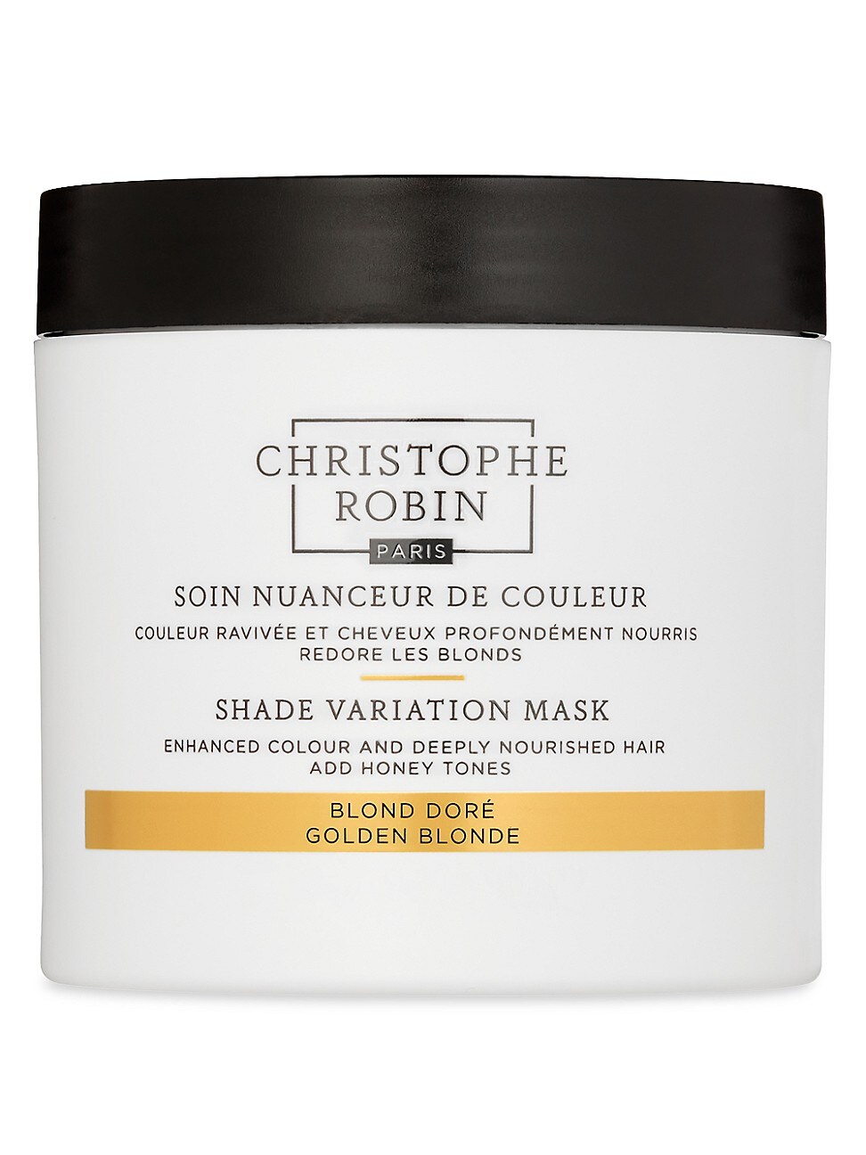 White jar with a black lid labeled "Christophe Robin Shade Variation Care Mask" in elegant font, highlighting "Blond Doré" and "Golden Blonde" for color enhancement.