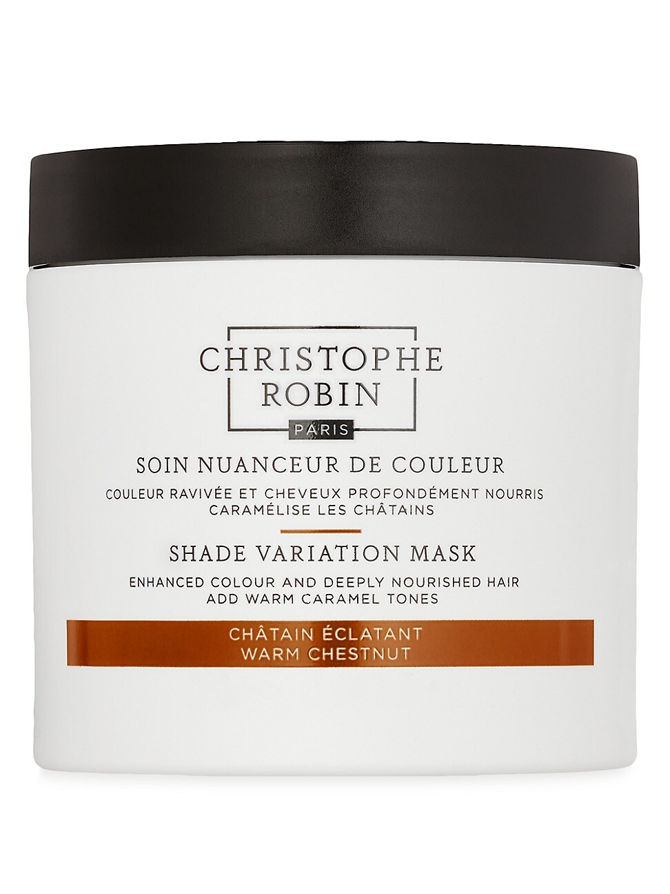 A round, white jar with a black lid labeled "Christophe Robin Shade Variation Mask - Warm Chestnut," featuring a warm chestnut color description and nourishing properties for hair.