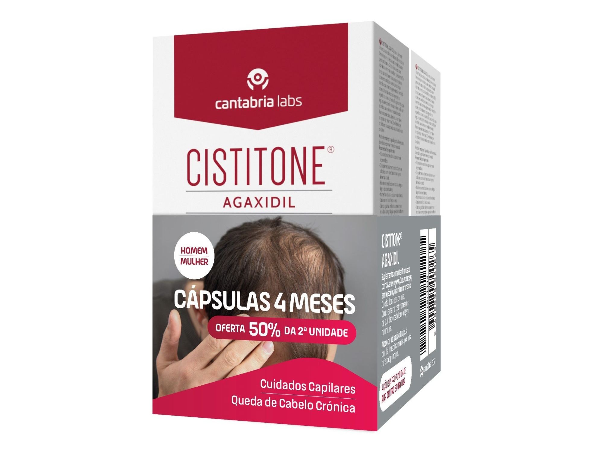 Cistitone Agaxidil supplement box featuring a white and red design, labeled for hair care, with a focus on chronic hair loss, and includes details for a 50% discount on the second unit.