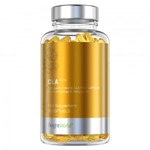 Clear bottle with a gold label featuring "CLA Safflower Oil Supplement" text, containing yellow softgel capsules, labeled for weight management and omega-6 fatty acids.